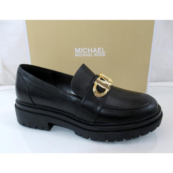 Women's Shoes Michael Kors Parker Lug Loafer MK Chain Leather Black Size 8 - Picture 1 of 7